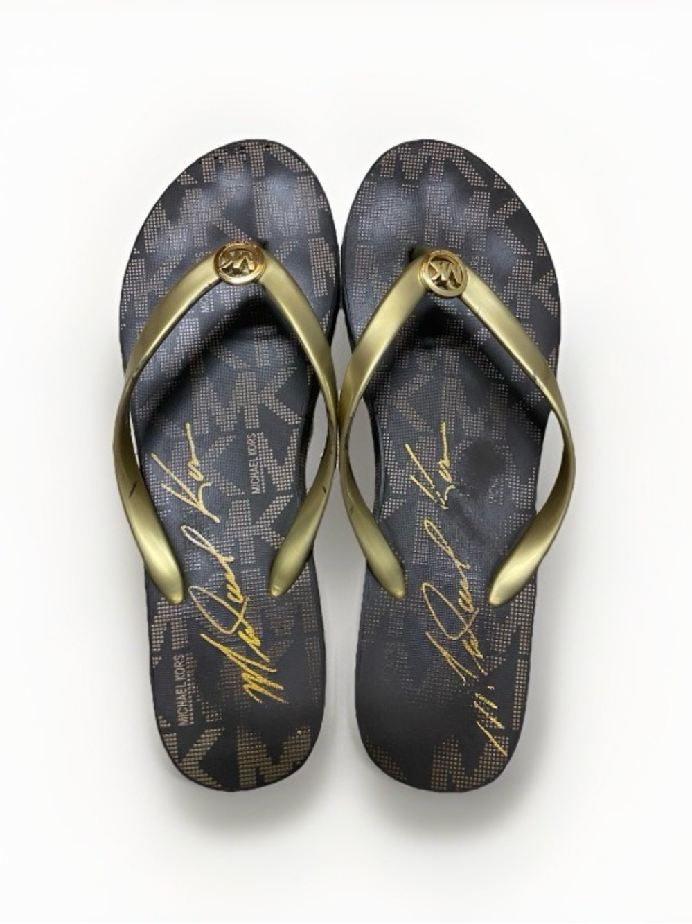 Michael Kors Brown and Gold Logo Flip Flops